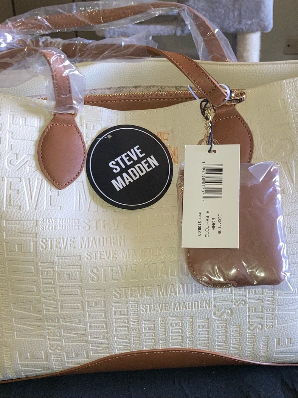 Steve Madden Cream and Tan Embossed Tote with Matching Pouch